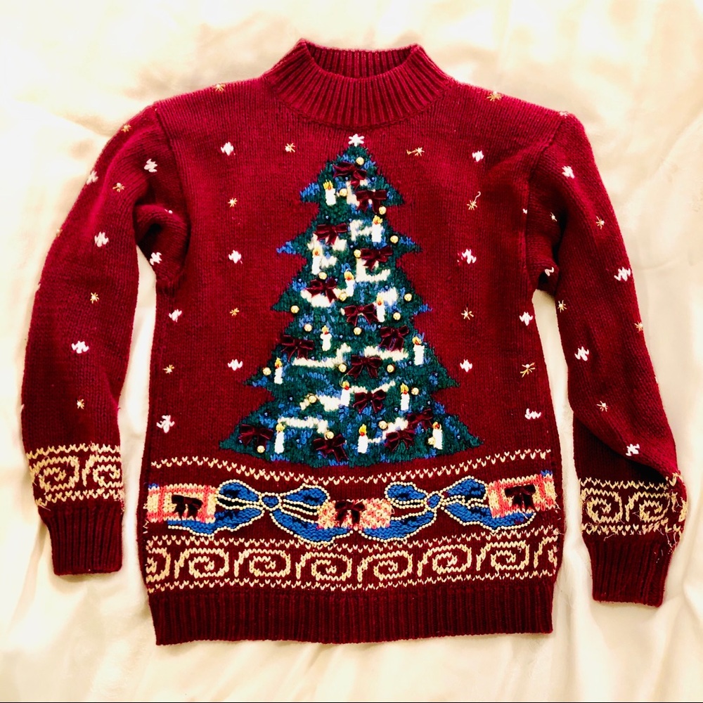 Vintage Christmas Sweater, Hand-Knit Petite